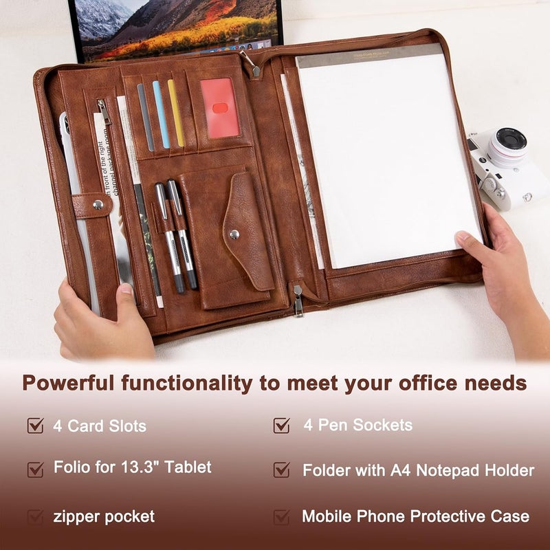 AZXCG Portfolio Binder, Portfolio with Handle and Zipper,Leather Podfolio for Men,Business Padfolio Organizer for Women, A4 Notepad Holder,Personalized Gift for Men - Image 4